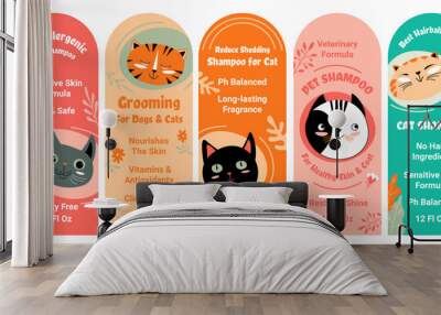 Cat shampoo package, colorful label design set Wall mural