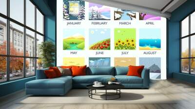 Four seasons month nature landscape winter, summer, autumn, spring vector flat scenery Wall mural