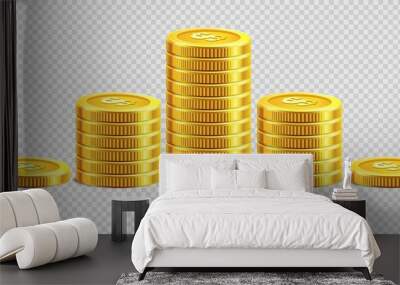 Gold coins piles golden money bank coin heaps on vector transparent background Wall mural