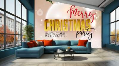 Merry Christmas party poster design template with decoration ball and holly berry Wall mural