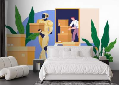 Robot helping to move boxes, futuristic assistant Wall mural