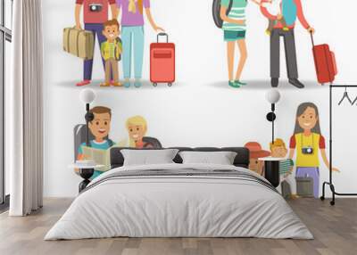 Traveling family children summer holiday tourism vacations vector flat icons Wall mural