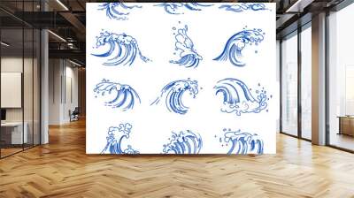 Waves isolated icons, sea or ocean storm, beach tide Wall mural