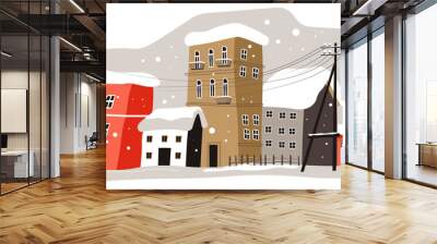 Winter cityscape of city with buildings covered with snow Wall mural