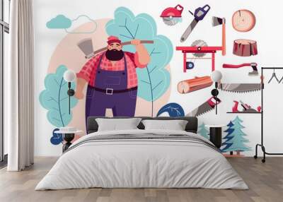 Woodcutter or lumberjack cutting tools and wood Wall mural