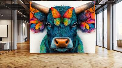   A bull's head with colorful butterflies on its horns and a butterfly on its head Wall mural