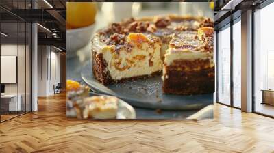   A cheesecake with a slice cut out on a plate surrounded by oranges in the background Wall mural