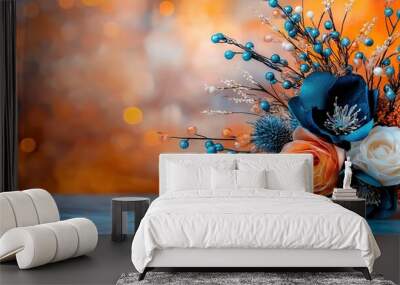   A clear bouquet of flowers on a table amidst an orange, blue and white background Wall mural