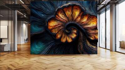   A close-up image of an orange and blue design resembling a tree trunk in art Wall mural