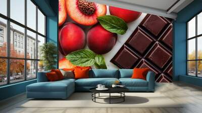   A close-up of a chocolate bar with peaches and leaves on a white surface, featuring a few pieces of chocolate Wall mural