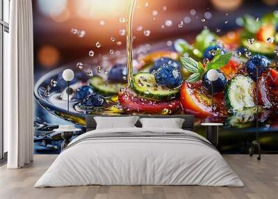   A close-up of a colorful plate brimming with fresh fruit and veggies, enhanced by a gentle splash of water Wall mural