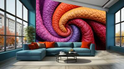   A close-up of a multicolored fabric with a spiral design at its center features orange, red, purple, and yellow hues Wall mural