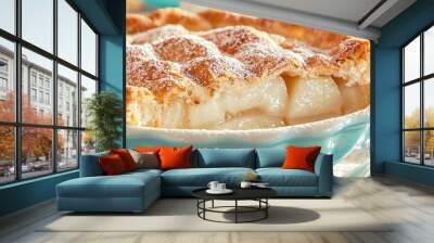   A close-up of a pie with powdered sugar on top in a bowl on a table with a fork Wall mural