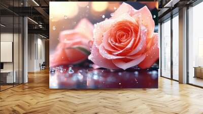   A close-up of a pink rose on a table with droplets of water and a blurred background of lights Wall mural