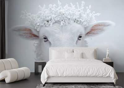   A close-up of a sheep wearing a floral crown on its head against a white background Wall mural