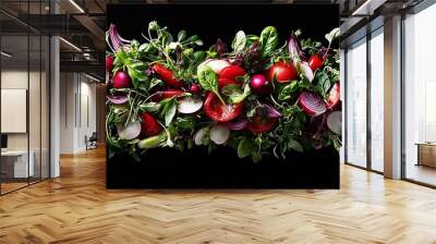   A close-up of a variety of vegetables on a black backdrop, with one radish in the center of the photo Wall mural