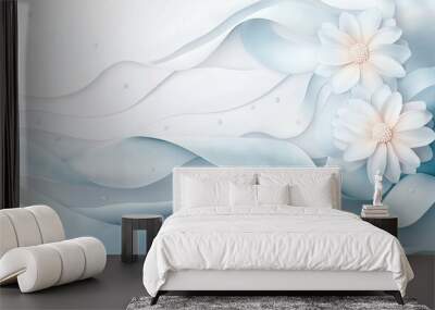   A close-up of a white flower on a blue and white background with water waves below Wall mural