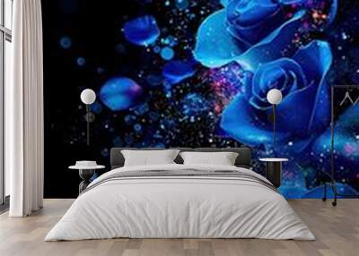   A cluster of blue roses drifting in the sky with sparkling bubbles and a starry backdrop, splashing into water below Wall mural