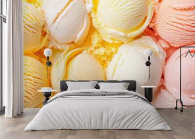   A cluster of ice creams atop a yellow-pink canvas with water droplets adorning them Wall mural