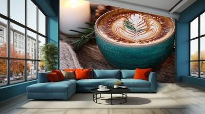   A cup of cappuccino resting on a table near a lit candle and a white knitted blanket Wall mural