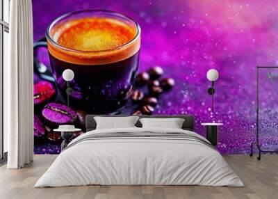  A cup of coffee rests atop a table, alongside a mound of coffee beans on a purple background Wall mural