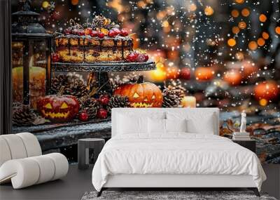   A frosted cake sits on top of the table, alongside two pumpkins and a lit-up lantern Wall mural