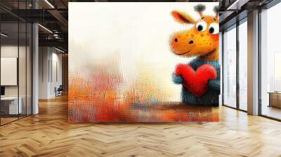   A giraffe holding a heart amidst orange and red flowers under a white sky Wall mural