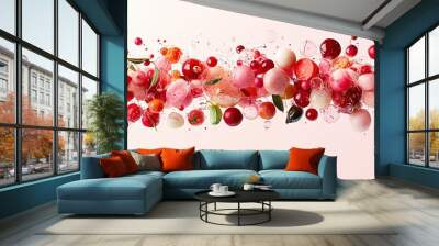   A group of fruits float atop a white surface, with droplets of water splattering around them Wall mural