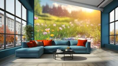   A lush meadow with a babbling brook dividing it, dotted with blooming flora and verdant foliage Wall mural