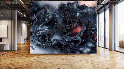   A macro shot of a dark rose with water droplets on its petals and a crimson heart encircled by water splashes Wall mural