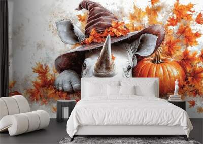  A painting depicts a rhino wearing a hat atop its head and holding two pumpkins in front of it Wall mural