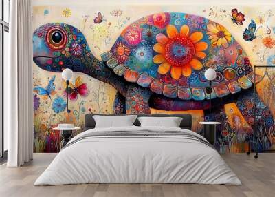   A painting of a turtle wearing a flower on its head and a butterfly on its back is a stunning work of art The colors used in the painting are vibrant and bring to Wall mural