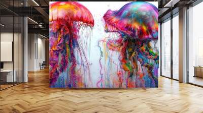   A painting of two jellyfishs with multi-colored paint splatters on their bodies Wall mural