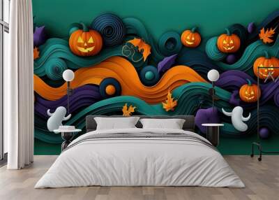   A paper cutout of a wave featuring Jack-o'-lanterns and pumpkins Wall mural