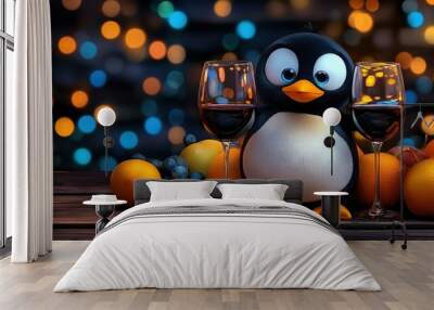   A penguin with two glasses of wine in front of an orange-lit table Wall mural