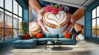   A person holds a heart-shaped pastry in front of a steaming cup of coffee and an array of other delectable pastries on the table Wall mural