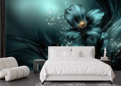   A stunning artwork depicting two vibrant blue blossoms against a dark teal backdrop, surrounded by radiant white and golden blooms in the focal point Wall mural