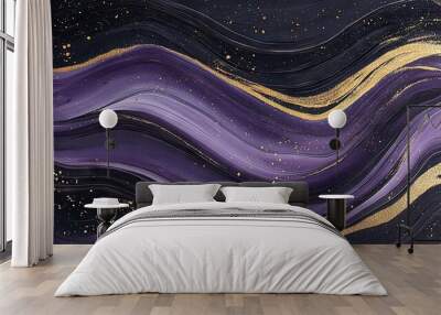  A stunning painting with swirling hues of purple and gold set against a black backdrop, accented by glistening gold flecks at the base Wall mural