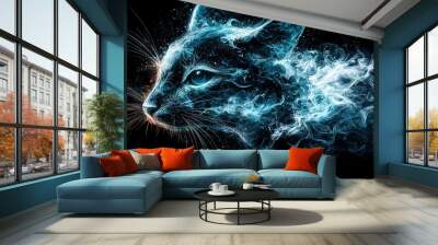   A stunning photo of a feline with iridescent blue and white smoke emanating from its maw, set against an inky backdrop Wall mural