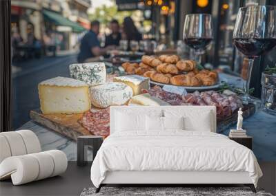   A table with various cheese, meat, and bread options, accompanied by wine glasses and people in the background Wall mural