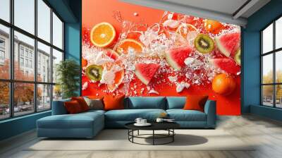   A variety of fresh fruits arranged on a table, featuring coconuts and juicy watermelon slices Wall mural