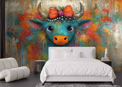  A vibrant portrait of a cow wearing a red ribbon on its head, adorned with splashes of multicolored paint Wall mural