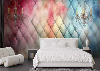   A wall featuring diamond patterns and two chandeliers, one on each side Wall mural