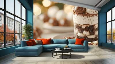  A white plate holds a multi-layered chocolate cake adorned with marshmallows on top Wall mural