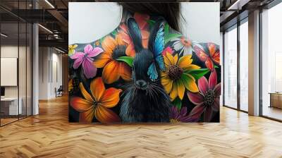   A woman's back, adorned with flower paintings and a feline face Wall mural