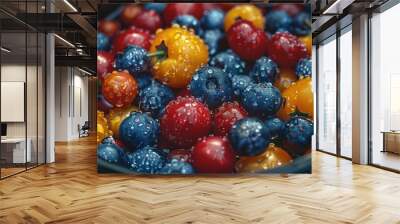   A zoomed-in shot of a fruit bowl adorned with glistening water droplets on red, yellow, blue, and green berries Wall mural