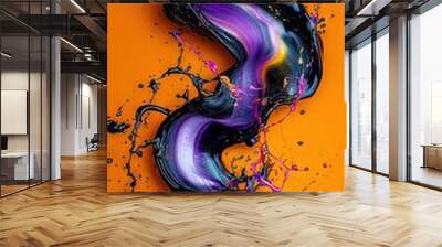   A zoomed-in view of liquid art on an orange background with black, purple, and orange waves Wall mural