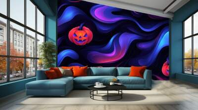   An AI-generated photo of two Jack-O'-Lantern pumpkins on a curvy blue and purple backdrop Wall mural