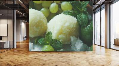   Close-up of a food plate with grapes and limes adjacent to a sugar and lime bowl Wall mural