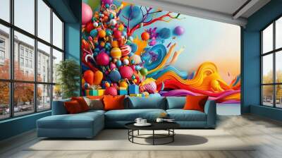  Colorful objects on blue-yellow background, blue sky Wall mural